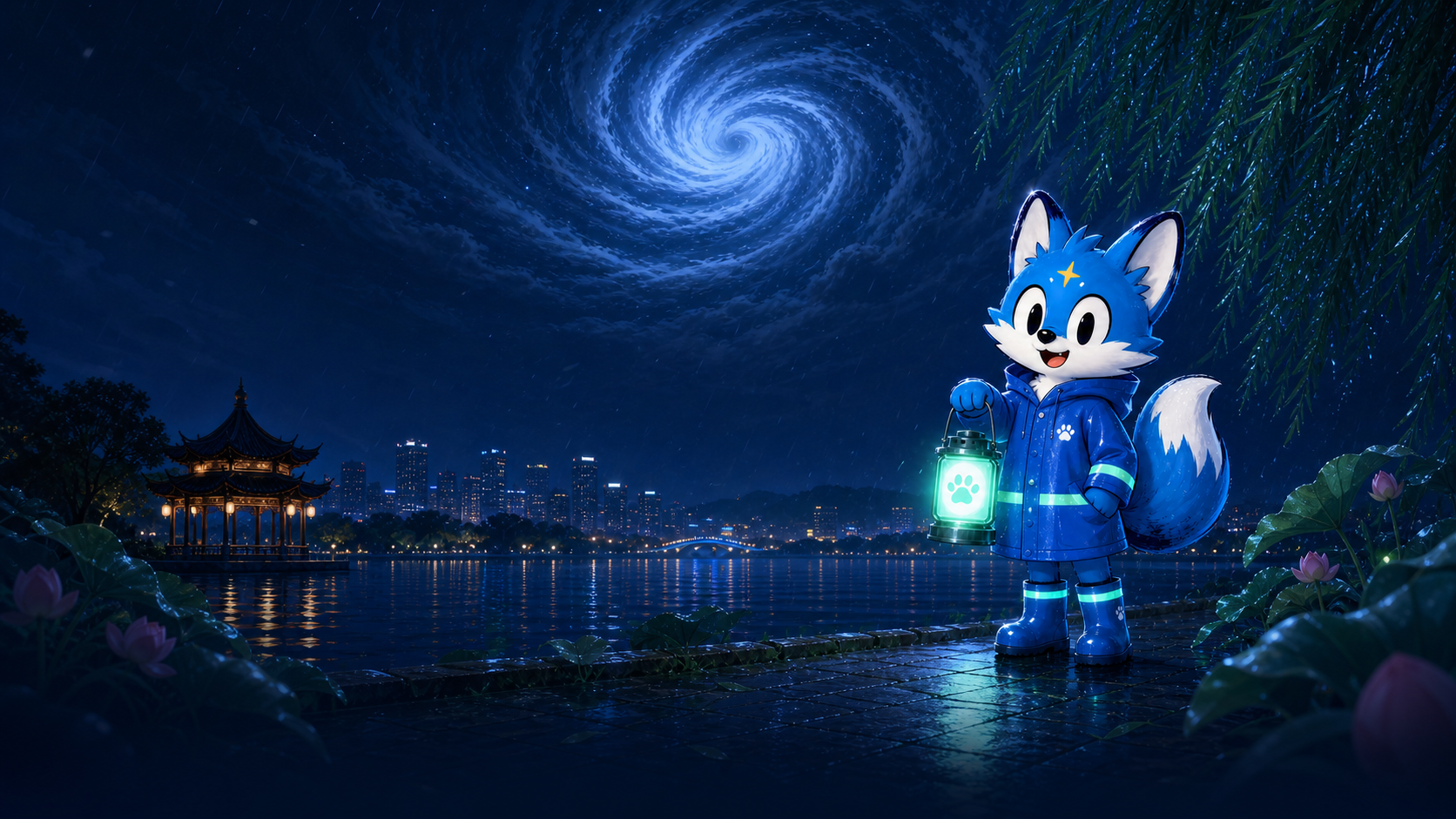蔚蓝小狐提着守护灯站在雨夜西湖边