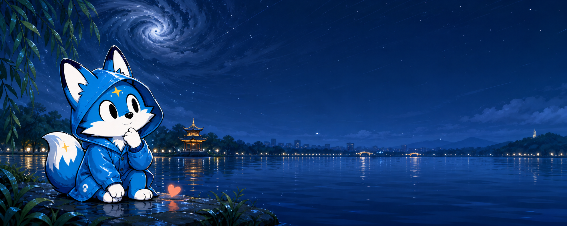 蔚蓝小狐坐在雨夜西湖边守护大家