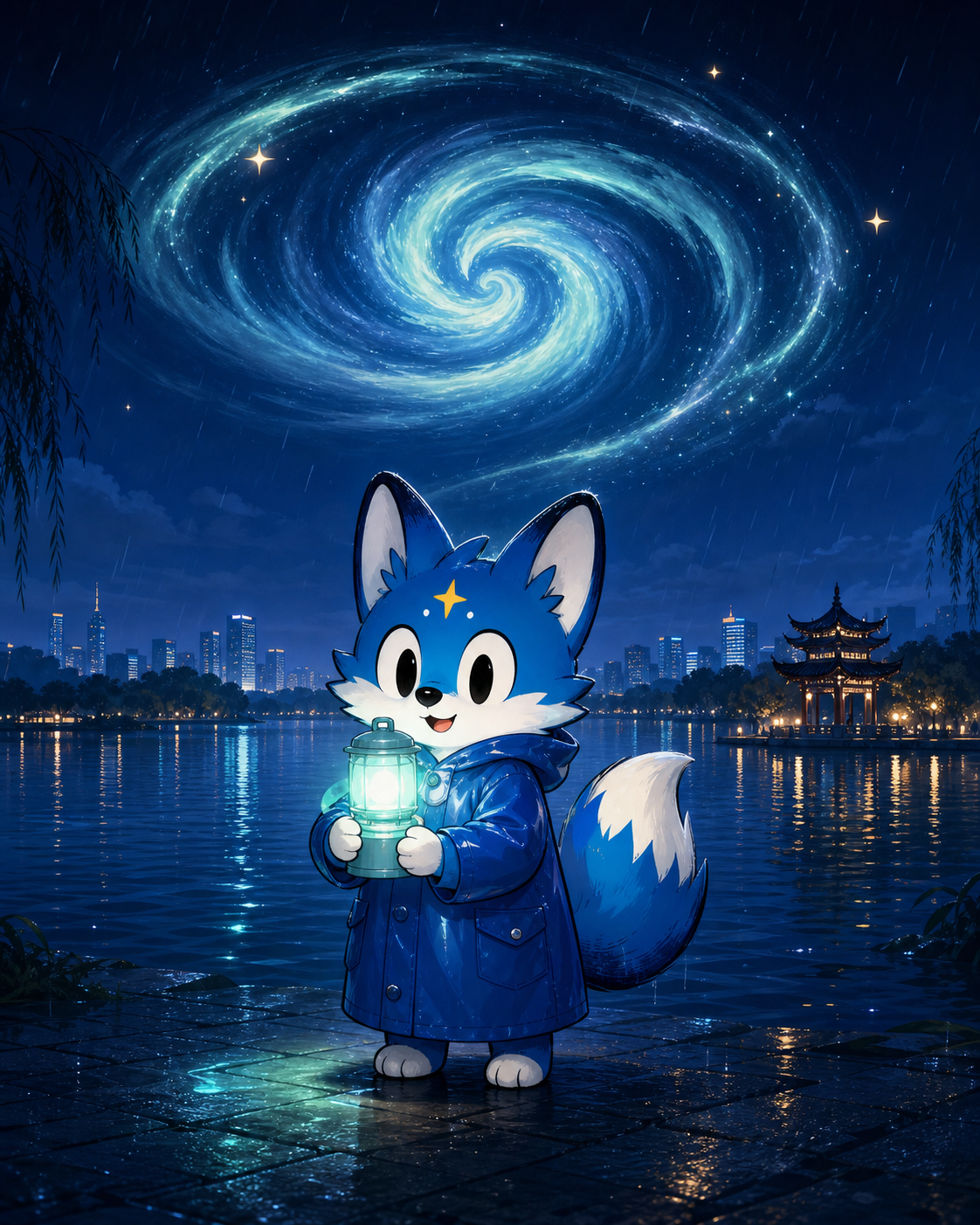 蔚蓝小狐抱着守护灯的杭州雨夜卡片